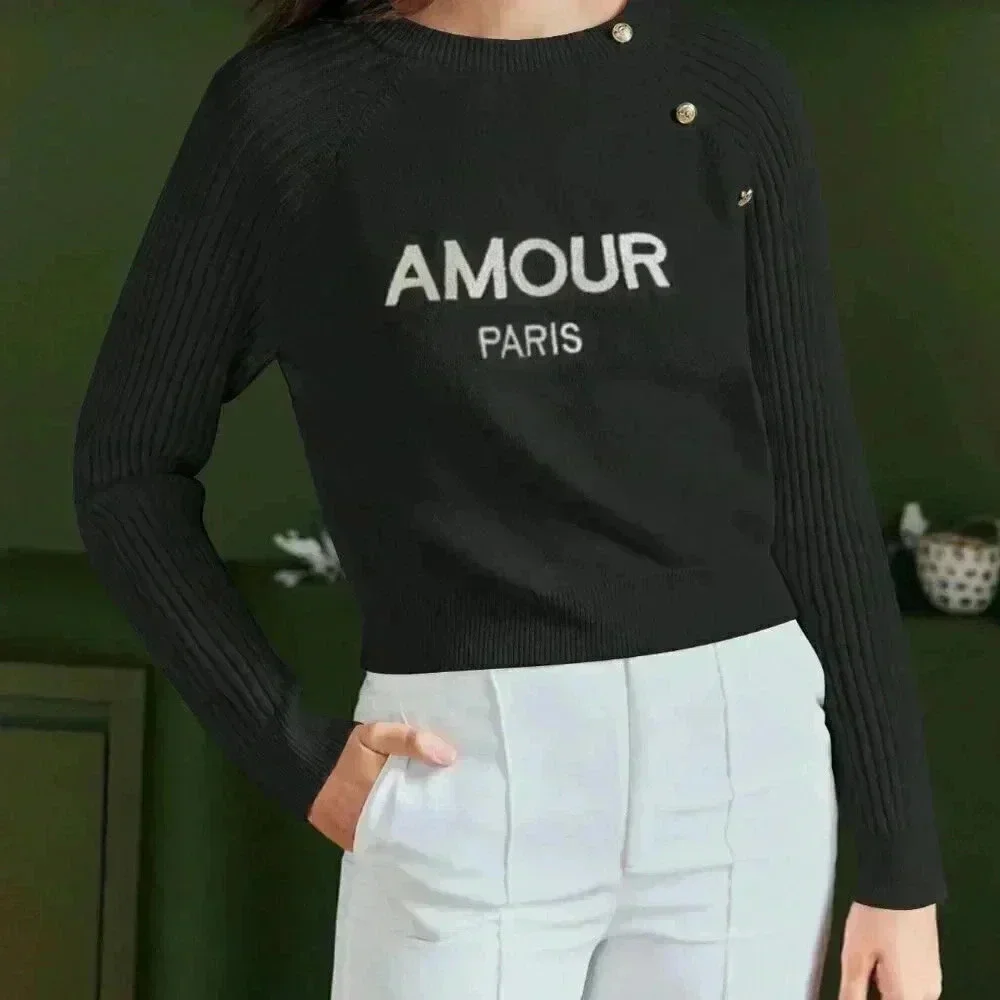 Black Preppy Womens Letter Graphic Button Detail Raglan Sleeve Sweater